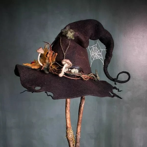 Felt Witch Hat with Handmade Merino Wool and Adjustable Ribbon, Silk Chiffon Trim Valideals Outlet