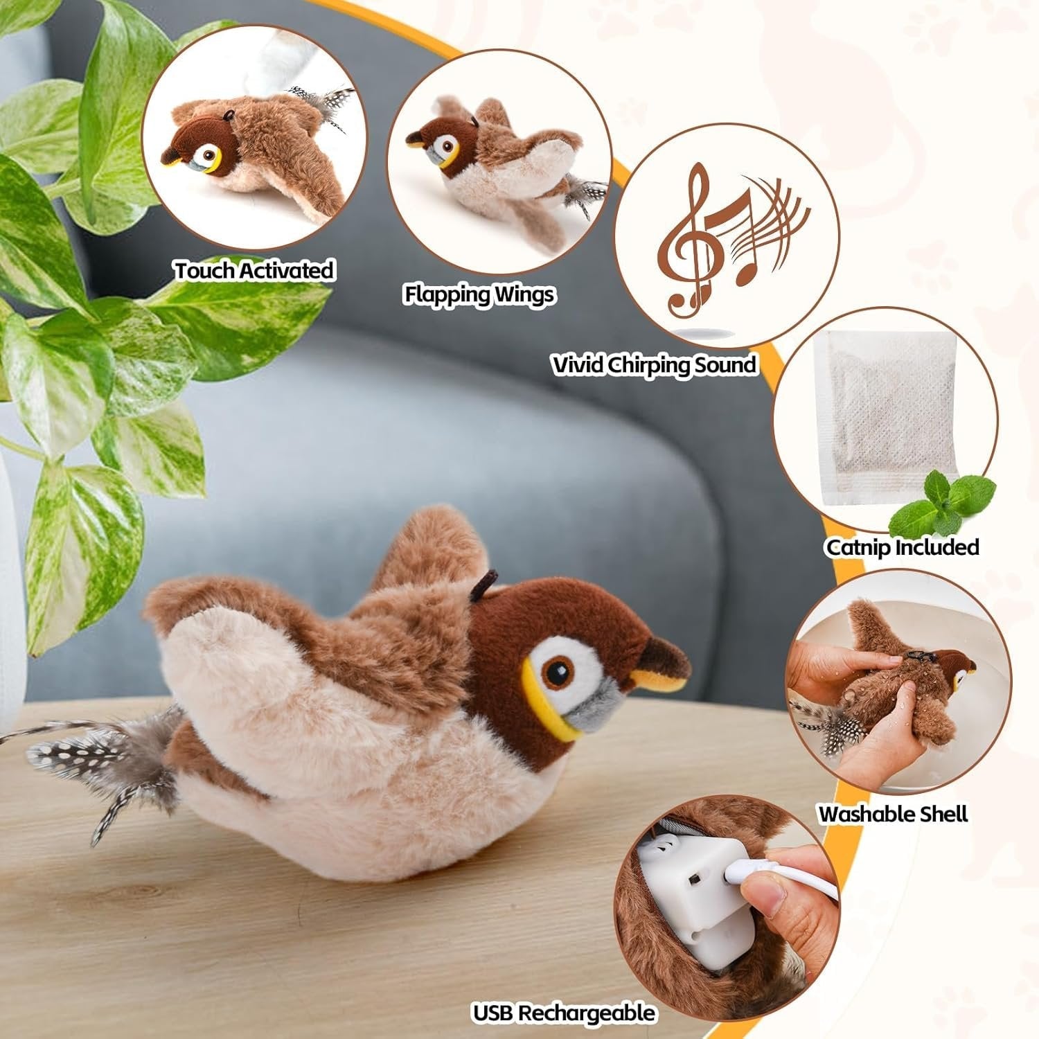 Interactive Cat Toy with Motion Sensor Chirps and Flap Tail, Rechargeable, Catnip Scent Valideals Outlet