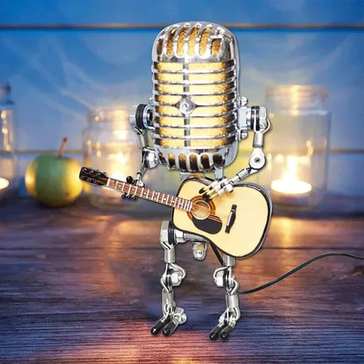 Vintage Microphone Lamp with Adjustable Metal Joints and Guitar Accent, Plug-In LED Bulb Valideals Outlet