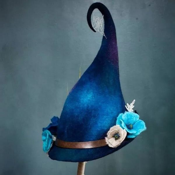Felt Witch Hat with Handmade Merino Wool and Adjustable Ribbon, Silk Chiffon Trim Valideals Outlet