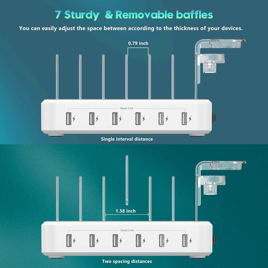 6-Device Charging Station with 7 Mixed Cables and Adjustable Dividers, 60W Total Output Valideals Outlet