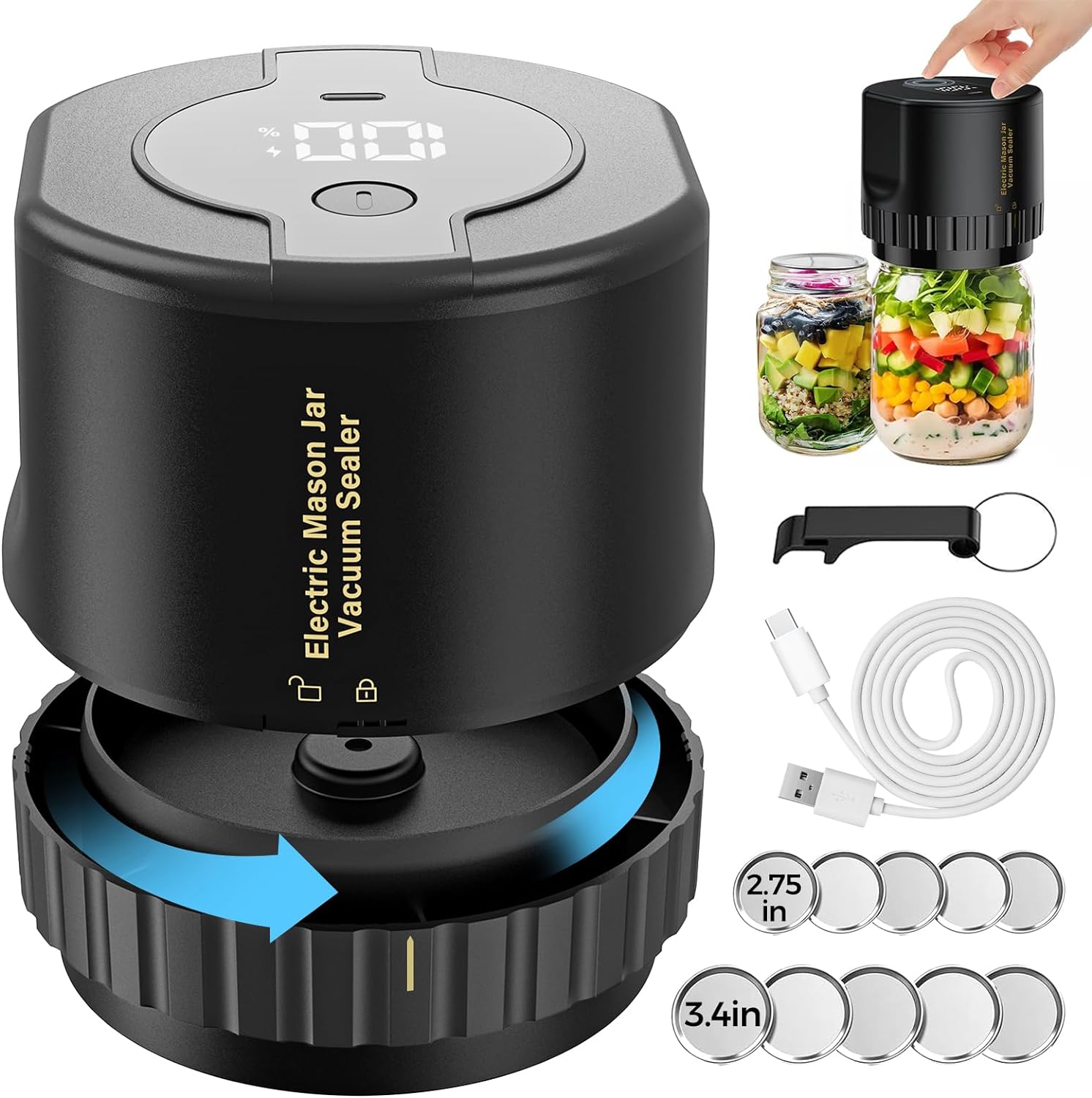 Jar Vacuum Sealer with Cordless One-Button and 10 Lids, Fits Regular Wide Mouth Jars Valideals Outlet