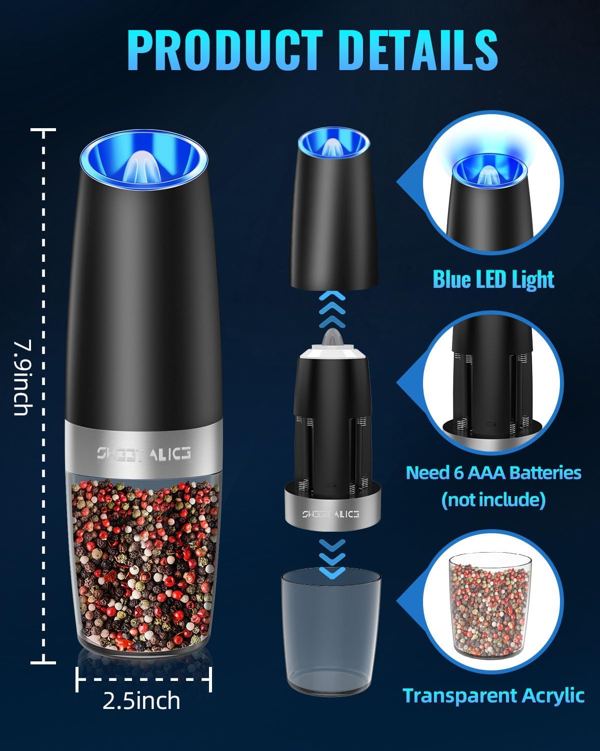 Electric Pepper Grinder with Gravity Sensor Activation and Adjustable Coarseness, LED Light Valideals Outlet