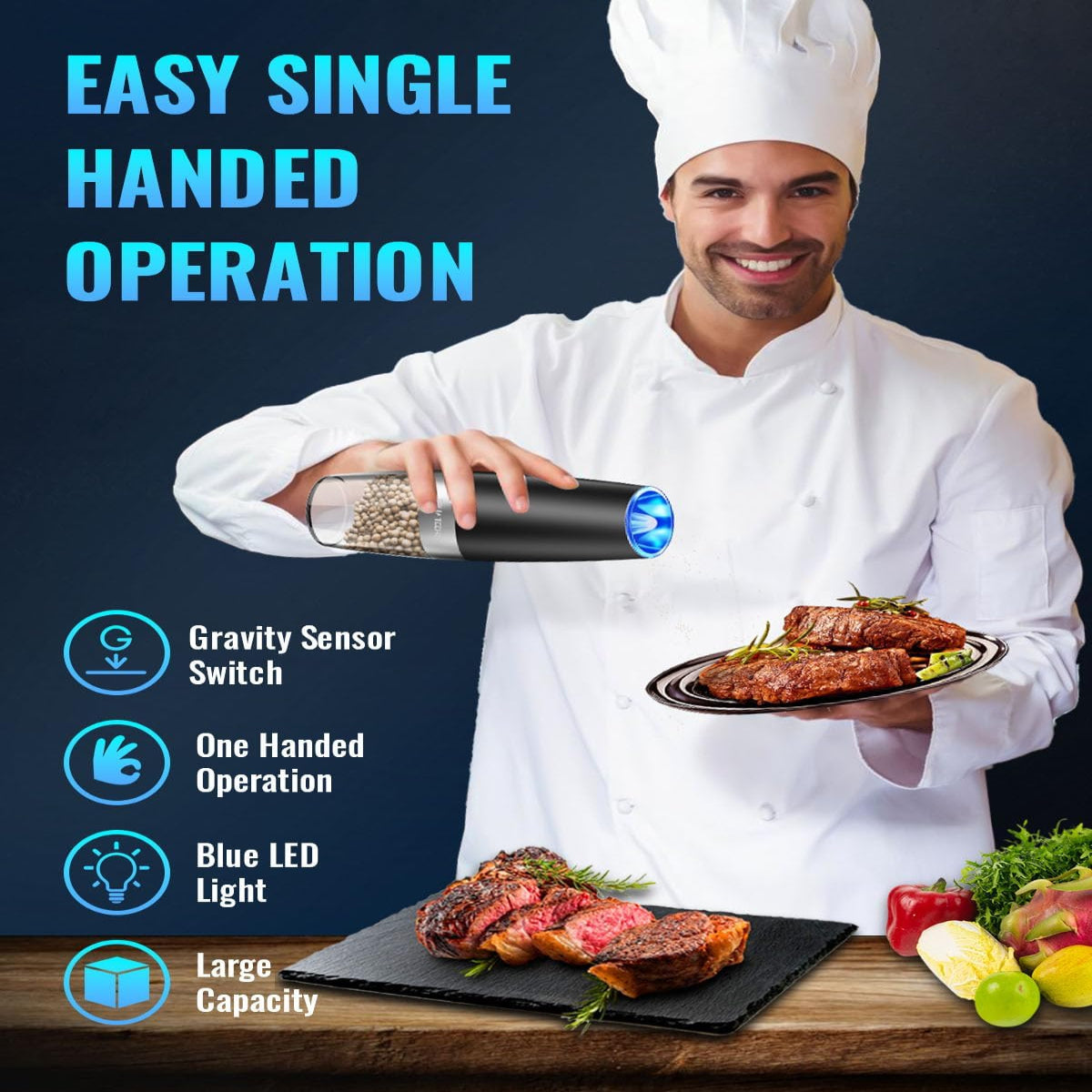 Electric Pepper Grinder with Gravity Sensor Activation and Adjustable Coarseness, LED Light Valideals Outlet