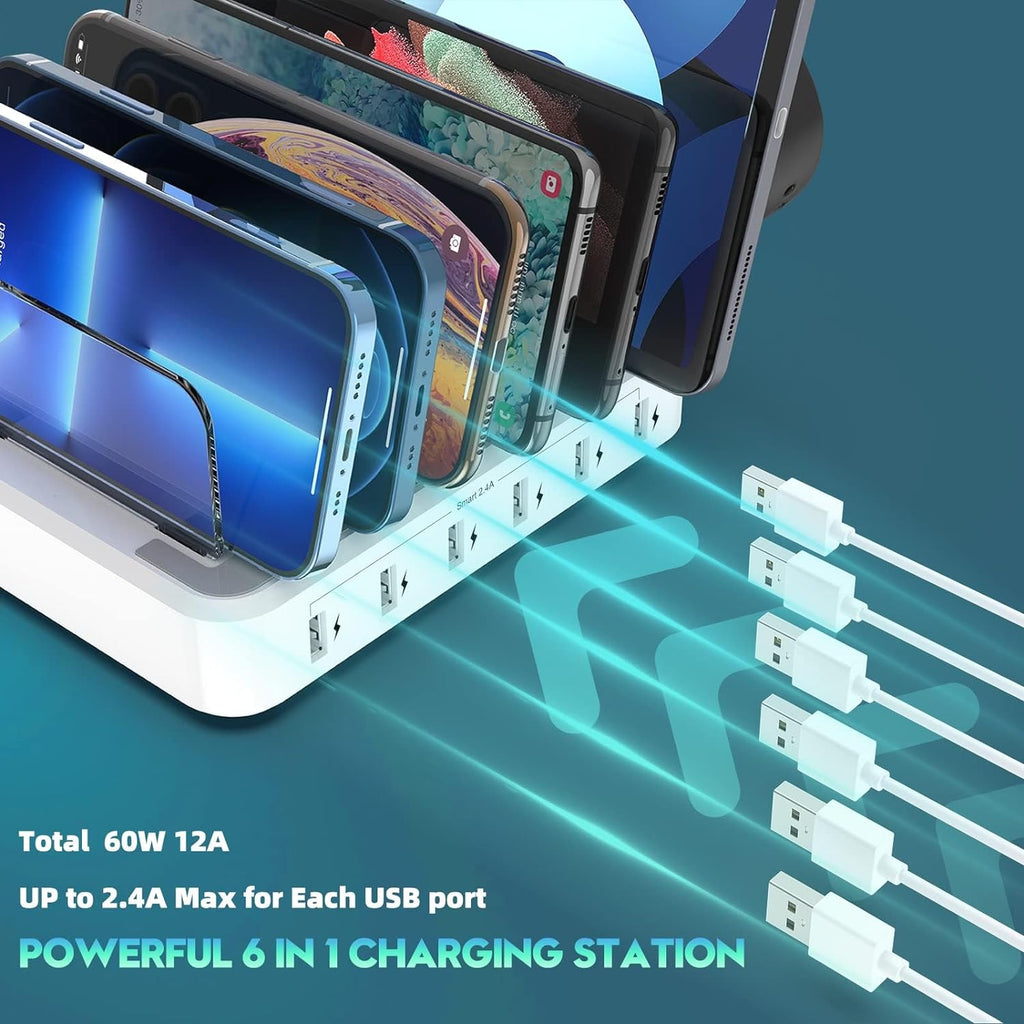 6-Device Charging Station with 7 Mixed Cables and Adjustable Dividers, 60W Total Output Valideals Outlet