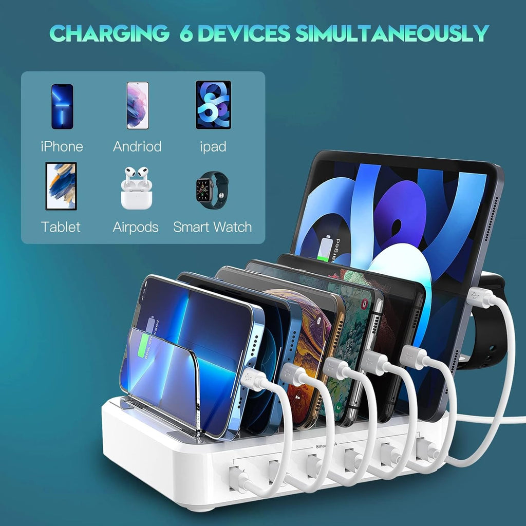 6-Device Charging Station with 7 Mixed Cables and Adjustable Dividers, 60W Total Output Valideals Outlet