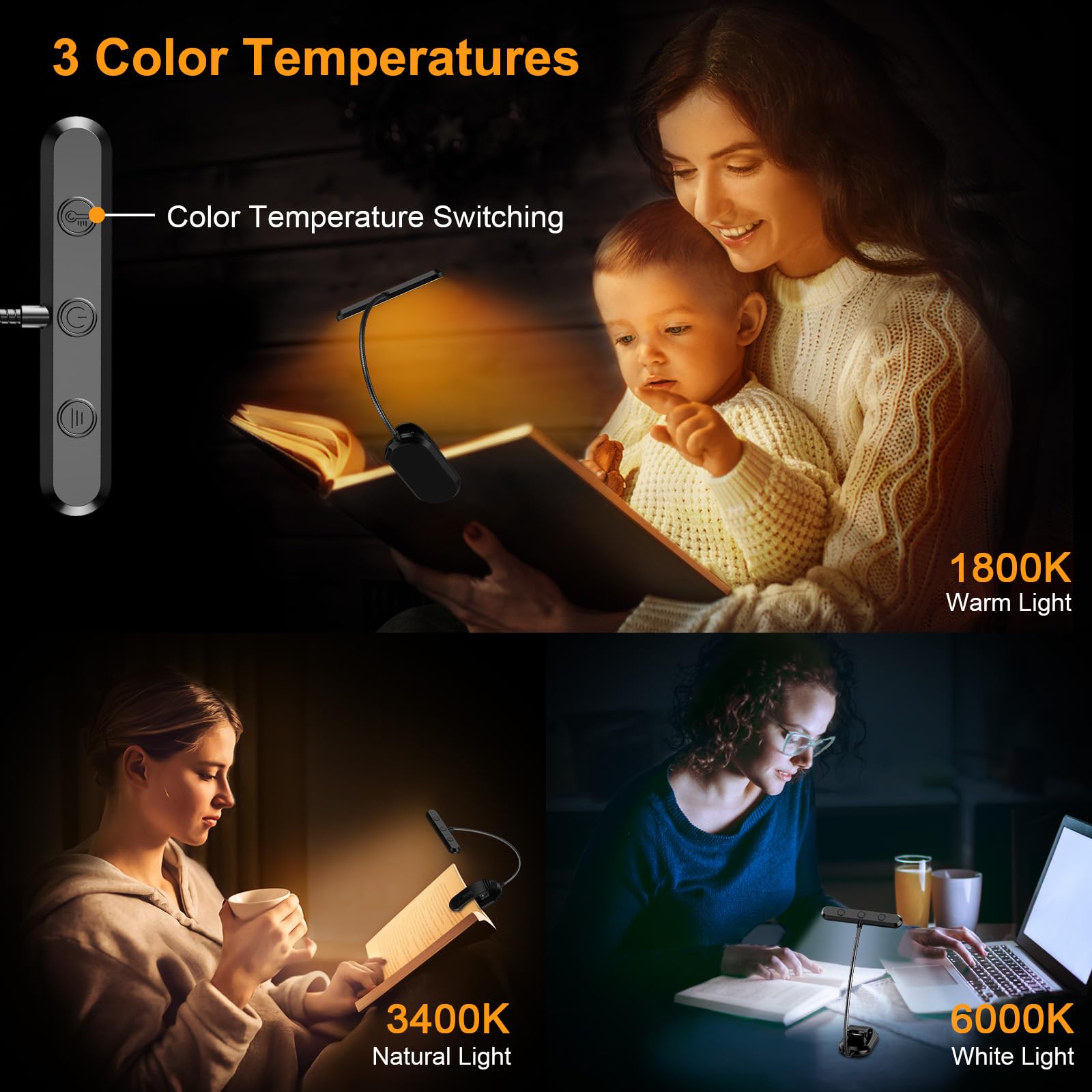 Rechargeable Book Light with 360-Degree Gooseneck and Clip-on, 3 Color Temps Valideals Outlet
