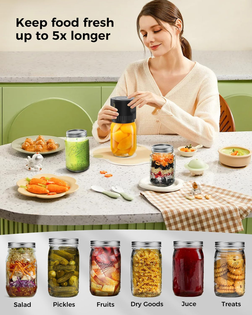Jar Vacuum Sealer with Cordless One-Button and 10 Lids, Fits Regular Wide Mouth Jars Valideals Outlet