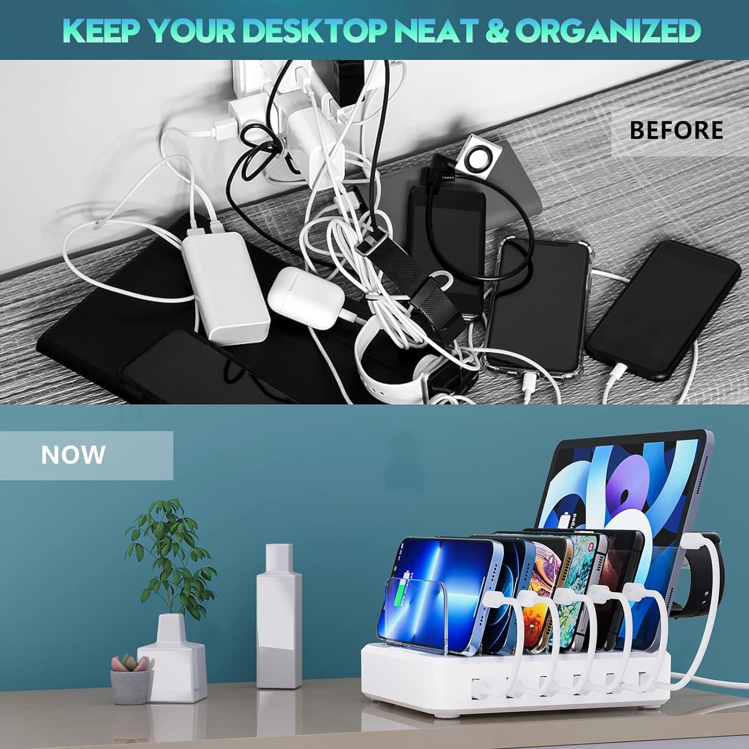 6-Device Charging Station with 7 Mixed Cables and Adjustable Dividers, 60W Total Output Valideals Outlet