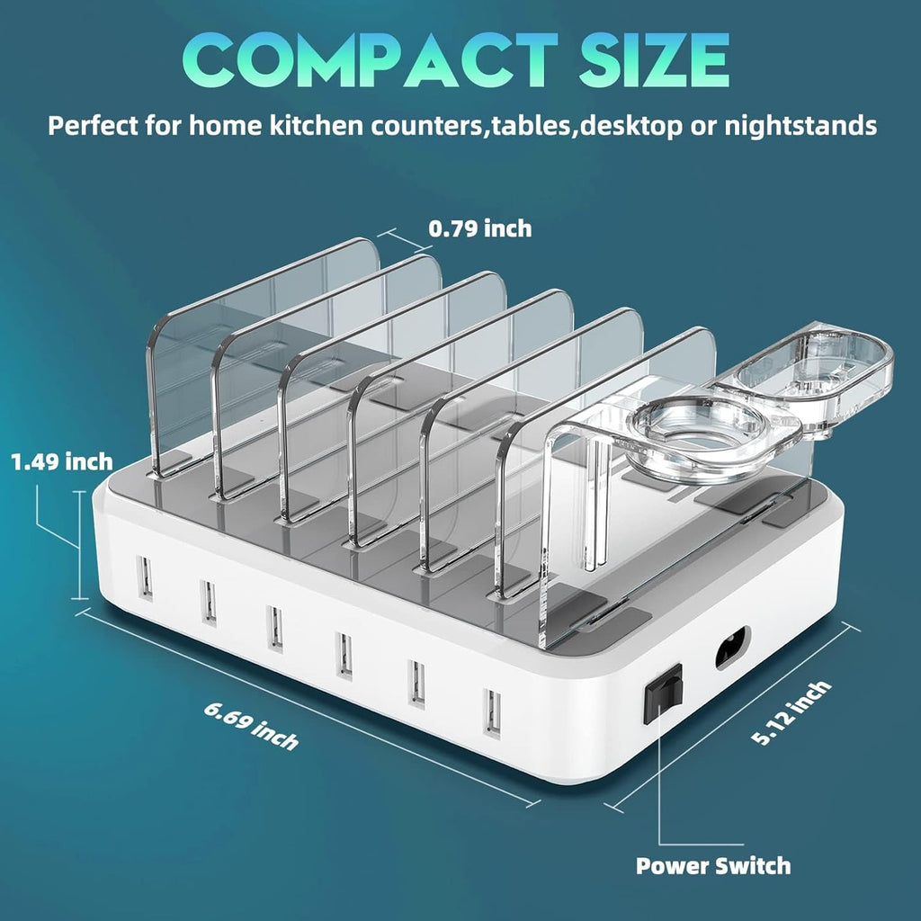 6-Device Charging Station with 7 Mixed Cables and Adjustable Dividers, 60W Total Output Valideals Outlet