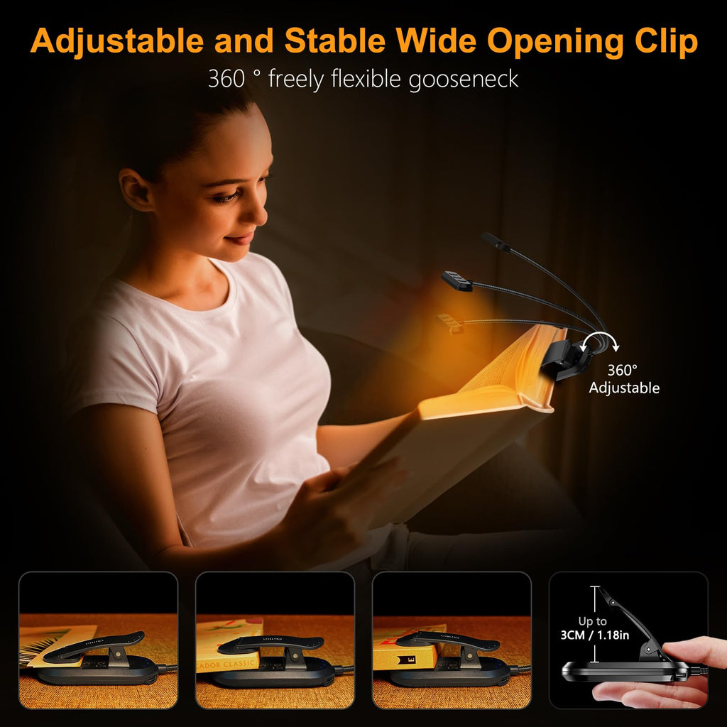 Rechargeable Book Light with 360-Degree Gooseneck and Clip-on, 3 Color Temps Valideals Outlet
