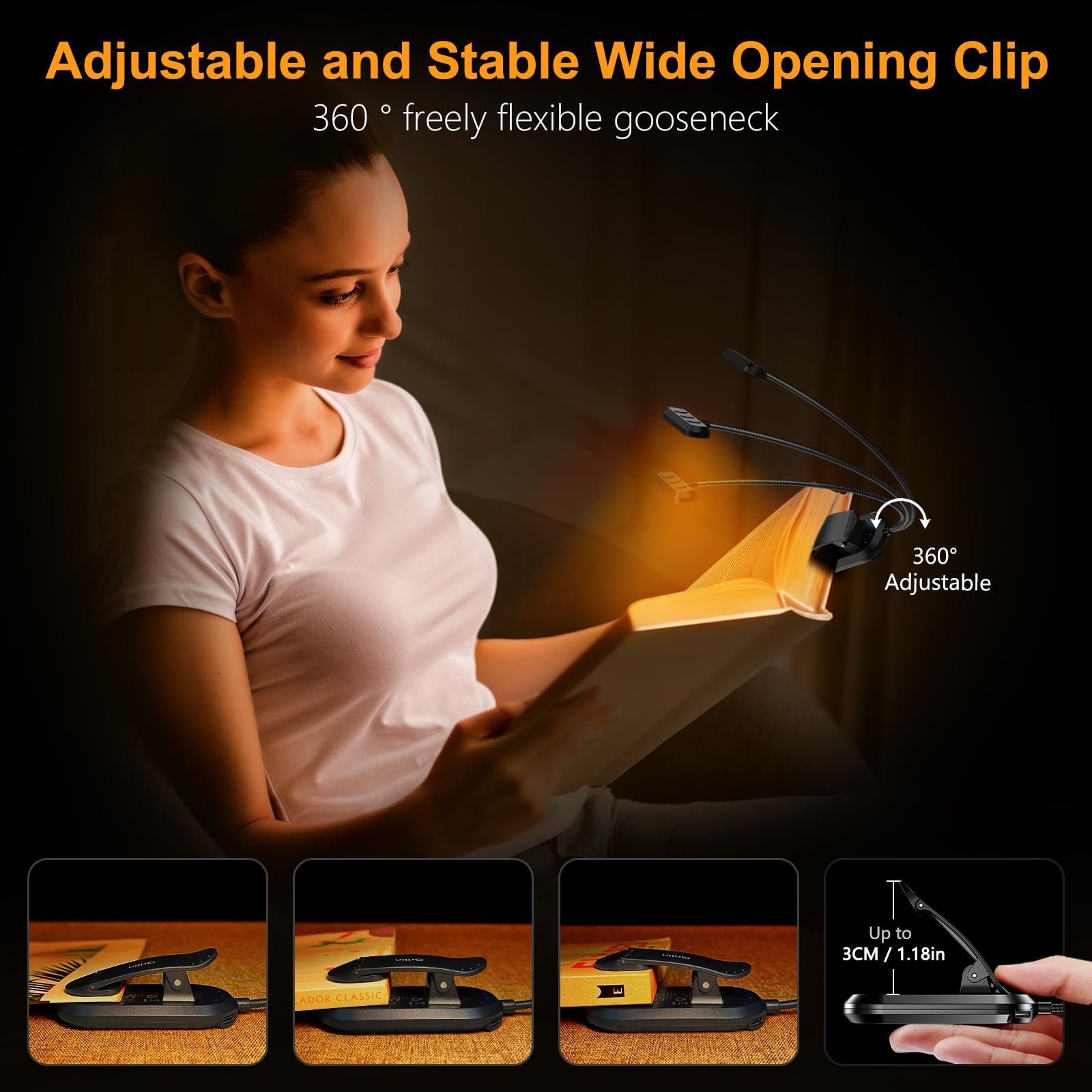Rechargeable Book Light with 360-Degree Gooseneck and Clip-on, 3 Color Temps Valideals Outlet