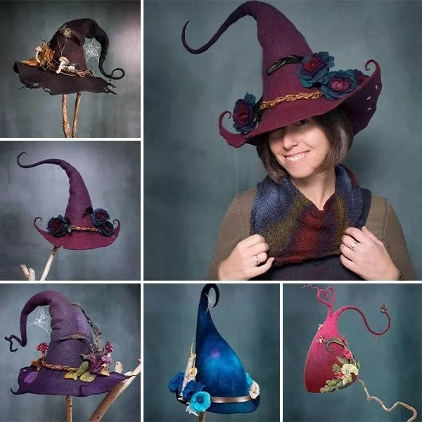 Felt Witch Hat with Handmade Merino Wool and Adjustable Ribbon, Silk Chiffon Trim Valideals Outlet