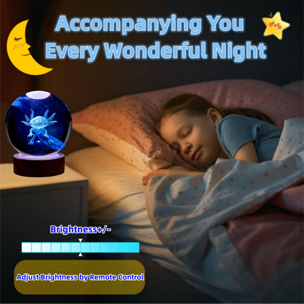 3D Axolotl Crystal Lamp with Wooden Base and 16-Color LED, USB Powered Valideals Outlet