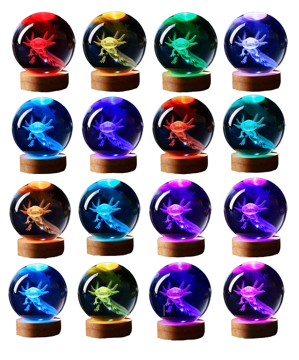 3D Axolotl Crystal Lamp with Wooden Base and 16-Color LED, USB Powered Valideals Outlet
