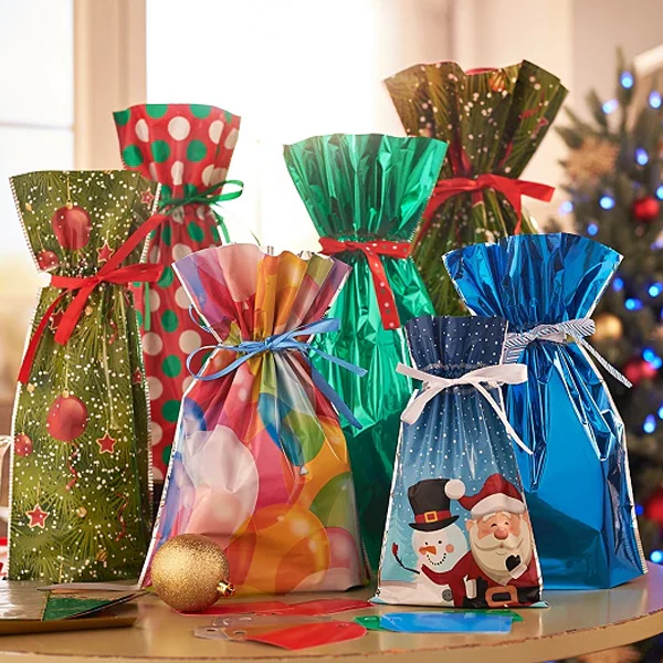 Drawstring Gift Bags with Integrated Ribbon and Laminated Finish, 3 Sizes, Holiday Designs Valideals Outlet