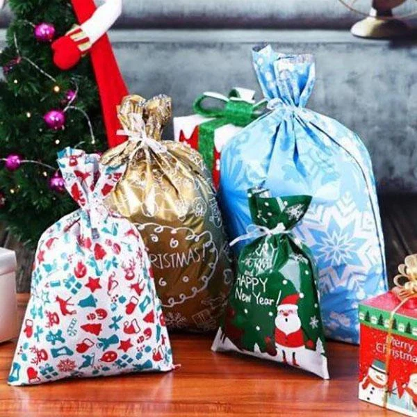 Drawstring Gift Bags with Integrated Ribbon and Laminated Finish, 3 Sizes, Holiday Designs Valideals Outlet