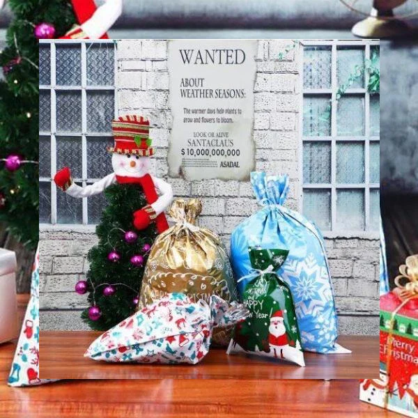 Drawstring Gift Bags with Integrated Ribbon and Laminated Finish, 3 Sizes, Holiday Designs Valideals Outlet