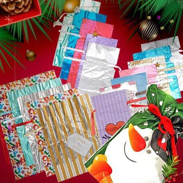 Drawstring Gift Bags with Integrated Ribbon and Laminated Finish, 3 Sizes, Holiday Designs Valideals Outlet