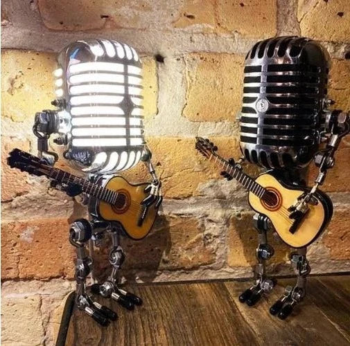 Vintage Microphone Lamp with Adjustable Metal Joints and Guitar Accent, Plug-In LED Bulb Valideals Outlet