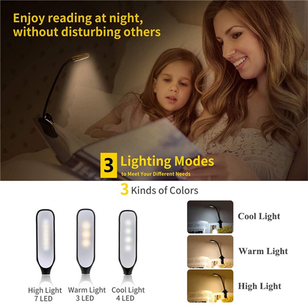 Clip-On Reading Lamp with Rechargeable Battery and Adjustable Neck, 3 Color Modes Valideals Outlet