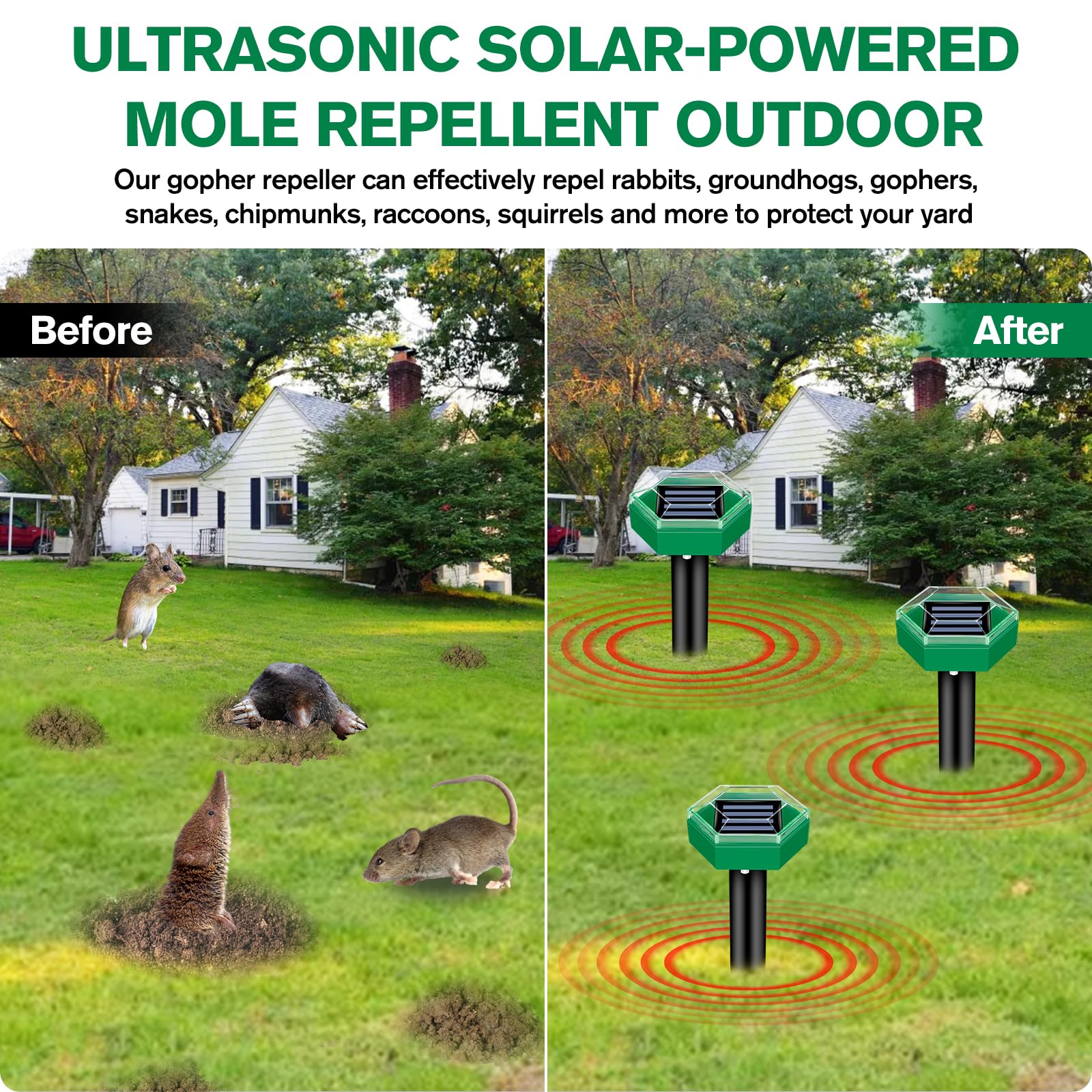 Solar Mole Repeller Stake with Vibration Pulse and Rechargeable Battery, 4-Pack Valideals Outlet