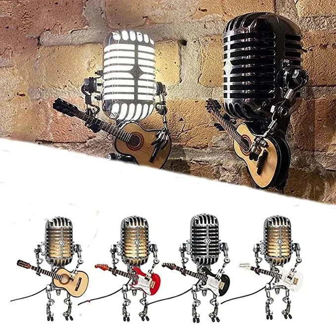 Vintage Microphone Lamp with Adjustable Metal Joints and Guitar Accent, Plug-In LED Bulb Valideals Outlet