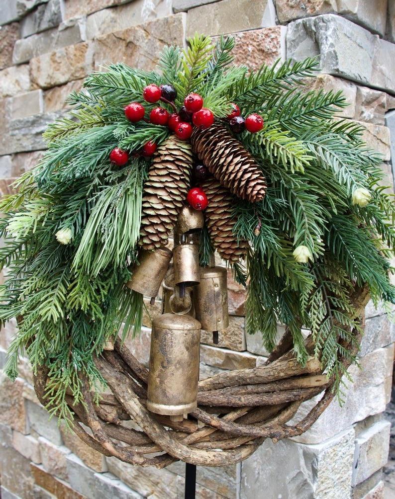 Christmas Wreath with Gold Bells and Pinecones, 17-Inch Rustic Vine Base Valideals Outlet