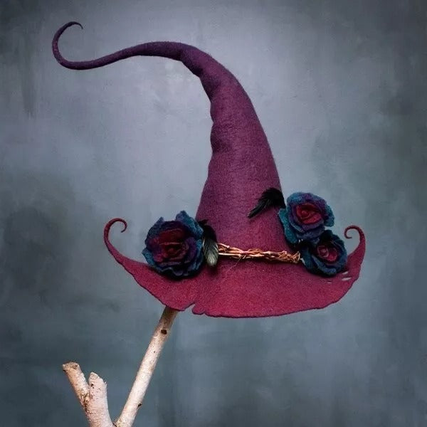 Felt Witch Hat with Handmade Merino Wool and Adjustable Ribbon, Silk Chiffon Trim Valideals Outlet