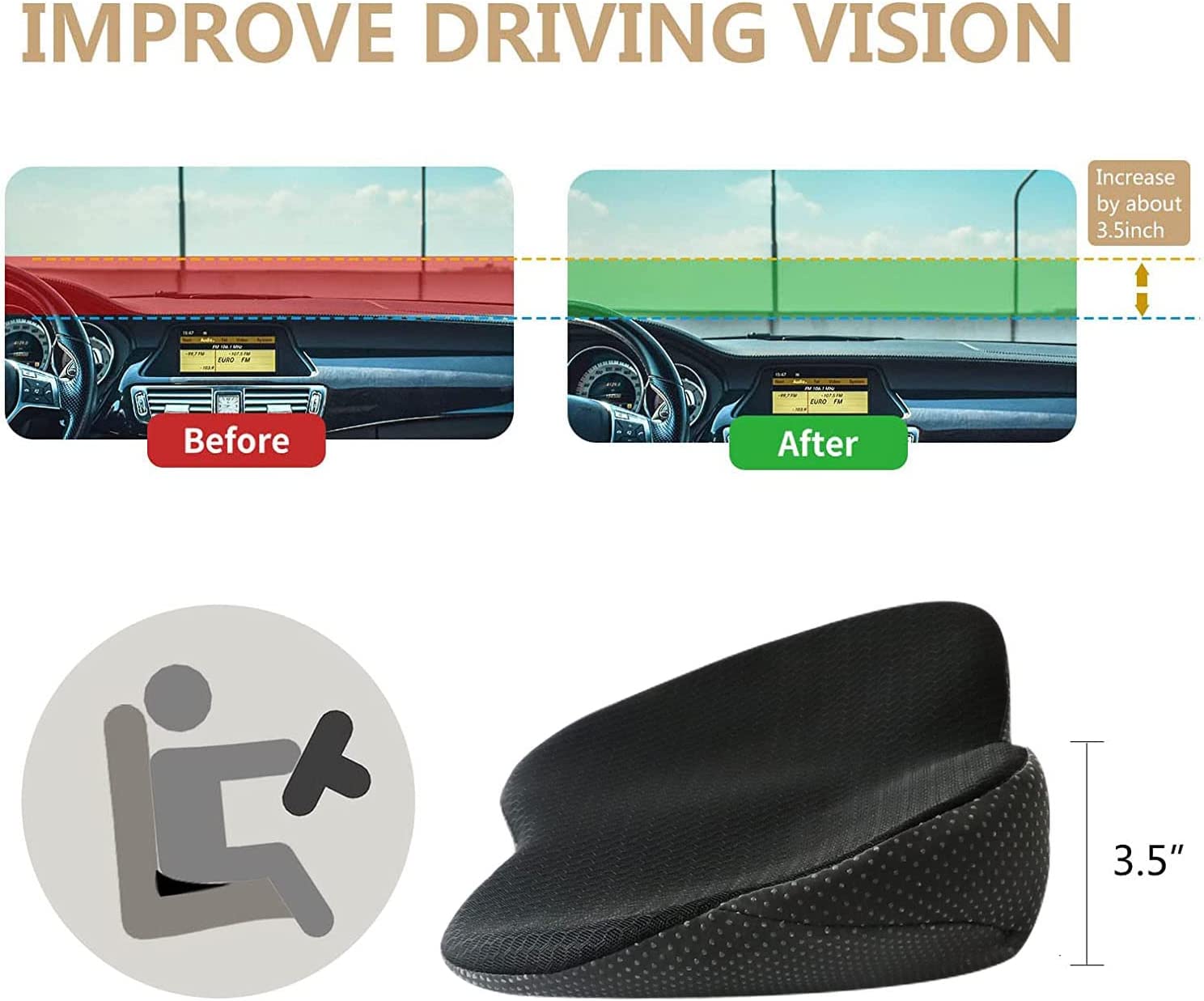 Car Seat Cushion with 3.5-Inch Lift and Memory Foam Support, Removable Breathable Cover Valideals Outlet