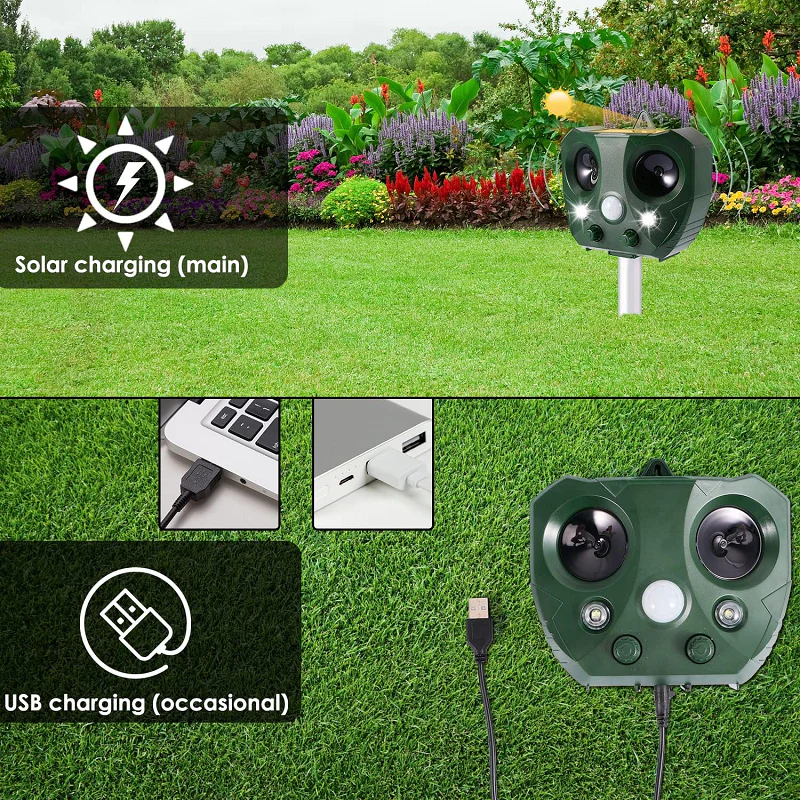 Solar Bird Repeller with Ultrasonic Pulses and Flashing LED Lights, 30 Ft Range Valideals Outlet
