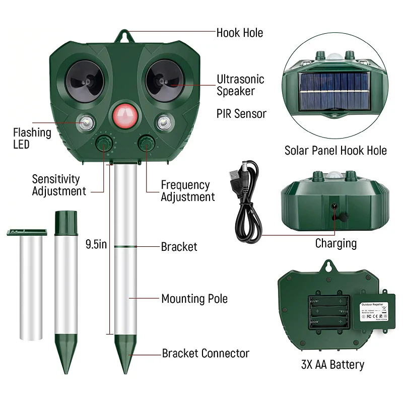 Solar Bird Repeller with Ultrasonic Pulses and Flashing LED Lights, 30 Ft Range Valideals Outlet