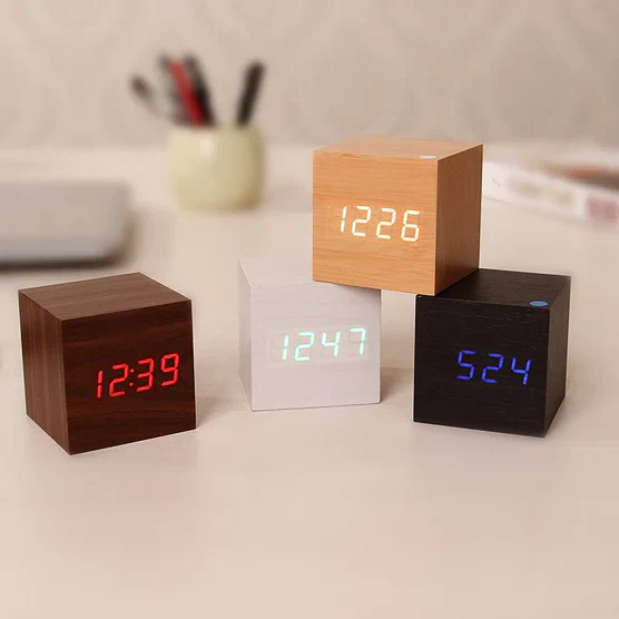 Wooden Digital Alarm Clock with LED Digits and Brightness Control, Battery or USB Valideals Outlet