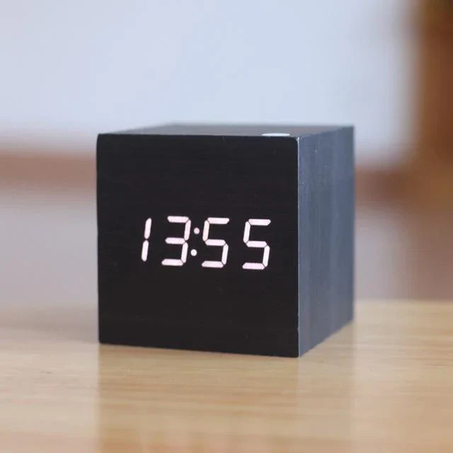 Wooden Digital Alarm Clock with LED Digits and Brightness Control, Battery or USB Valideals Outlet