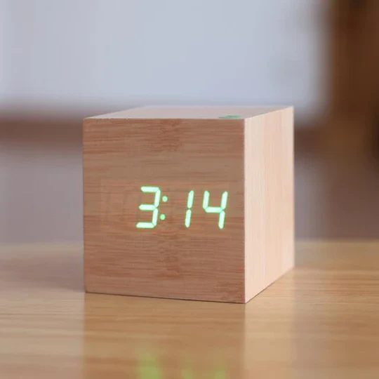 Wooden Digital Alarm Clock with LED Digits and Brightness Control, Battery or USB Valideals Outlet