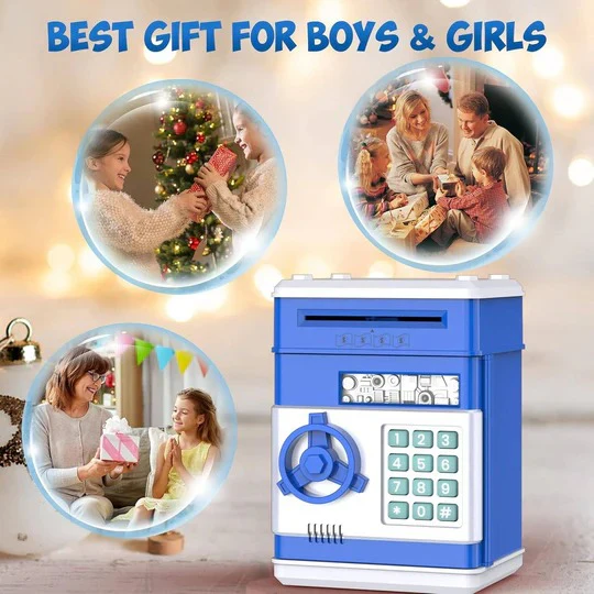 Electronic Piggy Bank with 4-Digit Lock and Key Backup, Motorized Bill Intake, for Kids Valideals Outlet