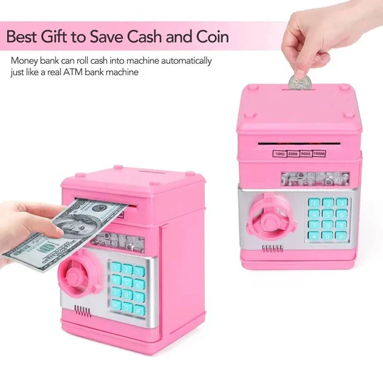 Electronic Piggy Bank with 4-Digit Lock and Key Backup, Motorized Bill Intake, for Kids Valideals Outlet