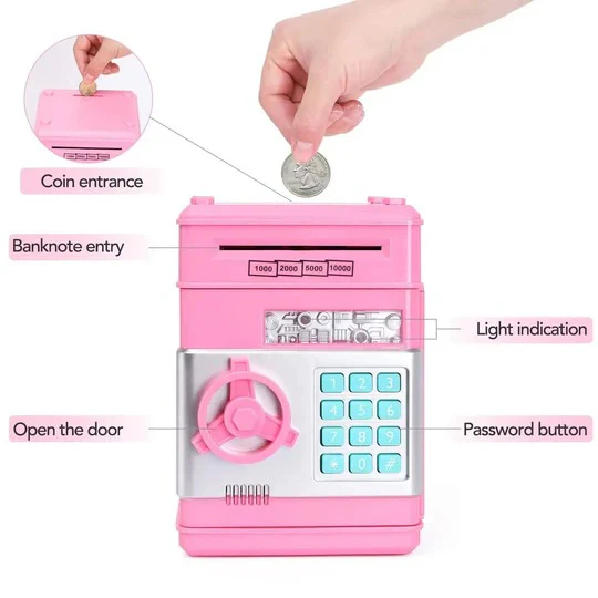 Electronic Piggy Bank with 4-Digit Lock and Key Backup, Motorized Bill Intake, for Kids Valideals Outlet