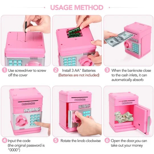 Electronic Piggy Bank with 4-Digit Lock and Key Backup, Motorized Bill Intake, for Kids Valideals Outlet