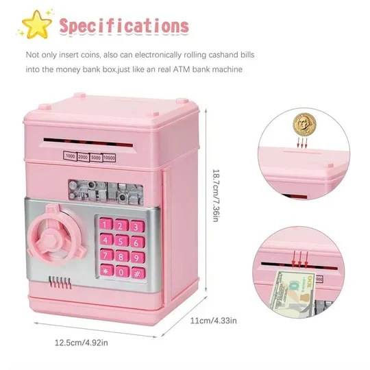 Electronic Piggy Bank with 4-Digit Lock and Key Backup, Motorized Bill Intake, for Kids Valideals Outlet