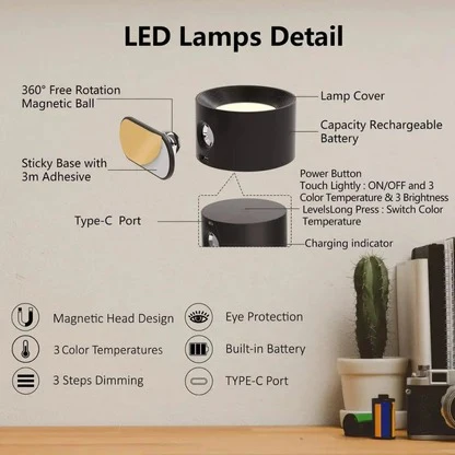 Rechargeable Wall Lamp with 360° Swivel and Touch Dimmer, 3-Temp LED, 2000mAh Valideals Outlet