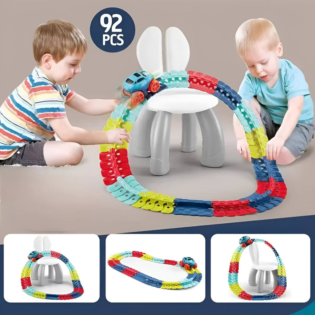 Kids Race Track with LED Glow and Anti-Tip Car, Snap-Together Flexible Circuit Valideals Outlet