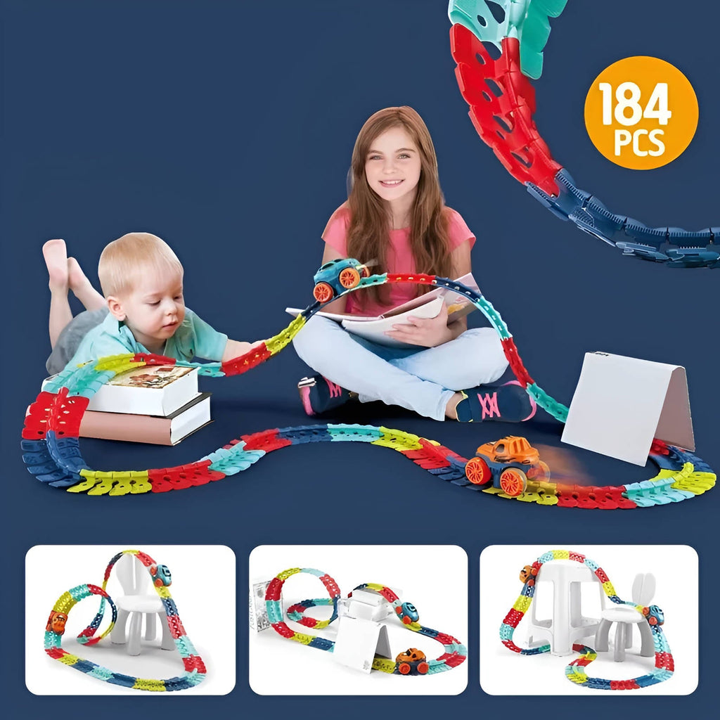 Kids Race Track with LED Glow and Anti-Tip Car, Snap-Together Flexible Circuit Valideals Outlet