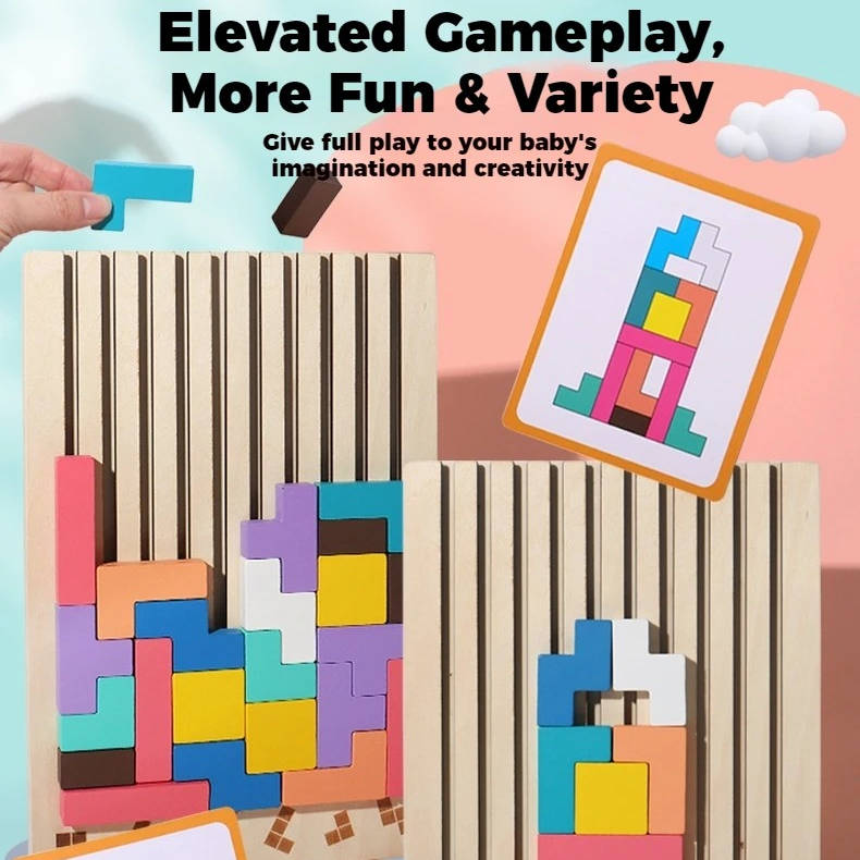 Wooden Block Puzzle with 42 Pieces and Foldout Stand, 10 Double-Sided Cards Valideals Outlet