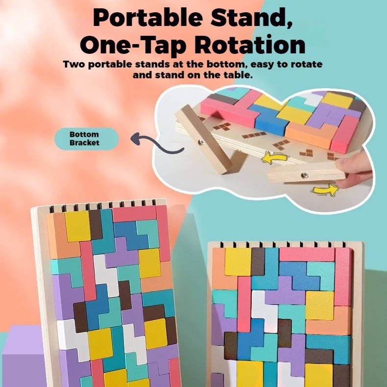 Wooden Block Puzzle with 42 Pieces and Foldout Stand, 10 Double-Sided Cards Valideals Outlet