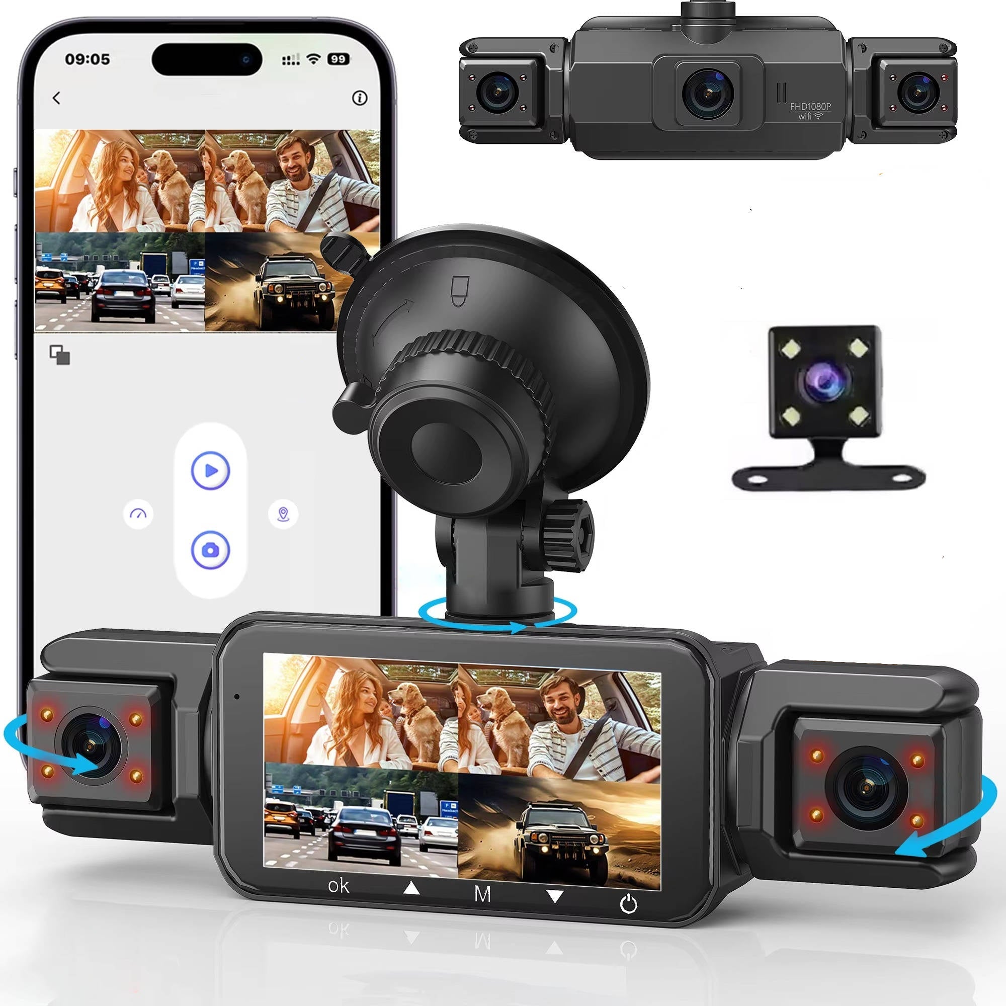 Car Dash Cam with Four Cameras and Night Vision, 1920P Front 3.0-Inch Display Valideals Outlet