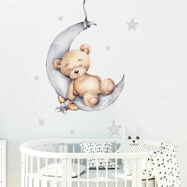 dorable Cartoon Teddy Bear Sleeping on Moon & Stars Wall Stickers: Perfect Baby Room Decor