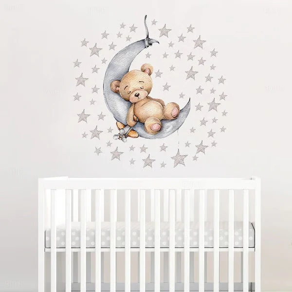 dorable Cartoon Teddy Bear Sleeping on Moon & Stars Wall Stickers: Perfect Baby Room Decor