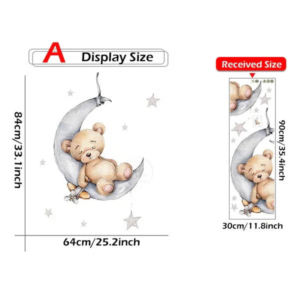 dorable Cartoon Teddy Bear Sleeping on Moon & Stars Wall Stickers: Perfect Baby Room Decor