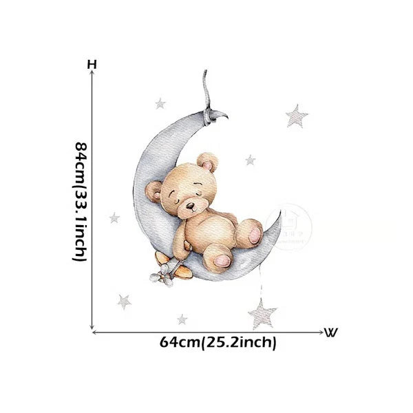 dorable Cartoon Teddy Bear Sleeping on Moon & Stars Wall Stickers: Perfect Baby Room Decor